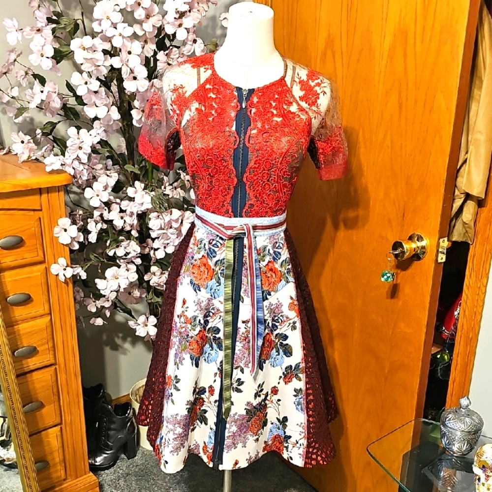 Byron Lars Red and White Lace Midi Dress